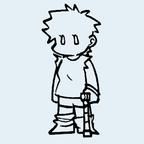 Simple digital line doodle of egg04's persona, standing with their cane in their left hand. They have uneven layered socks, shorts, and a shirt with ripped sleeves.